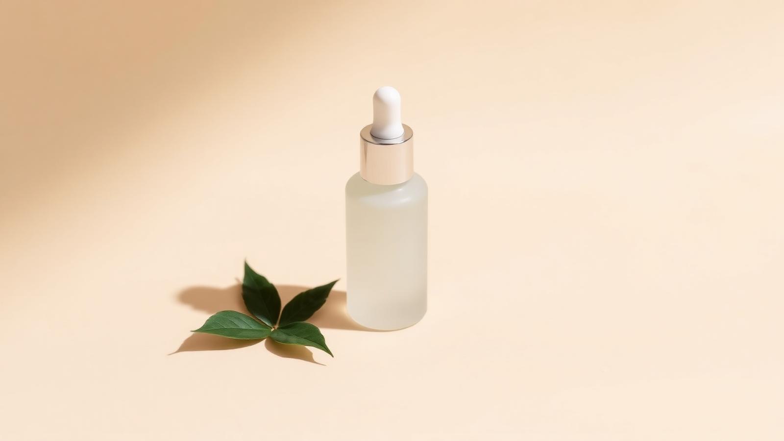 Los beneficios de la niacinamida Frasco de sérum de niacinamida con gotero sobre fondo crema, ideal para poros y luminosidad