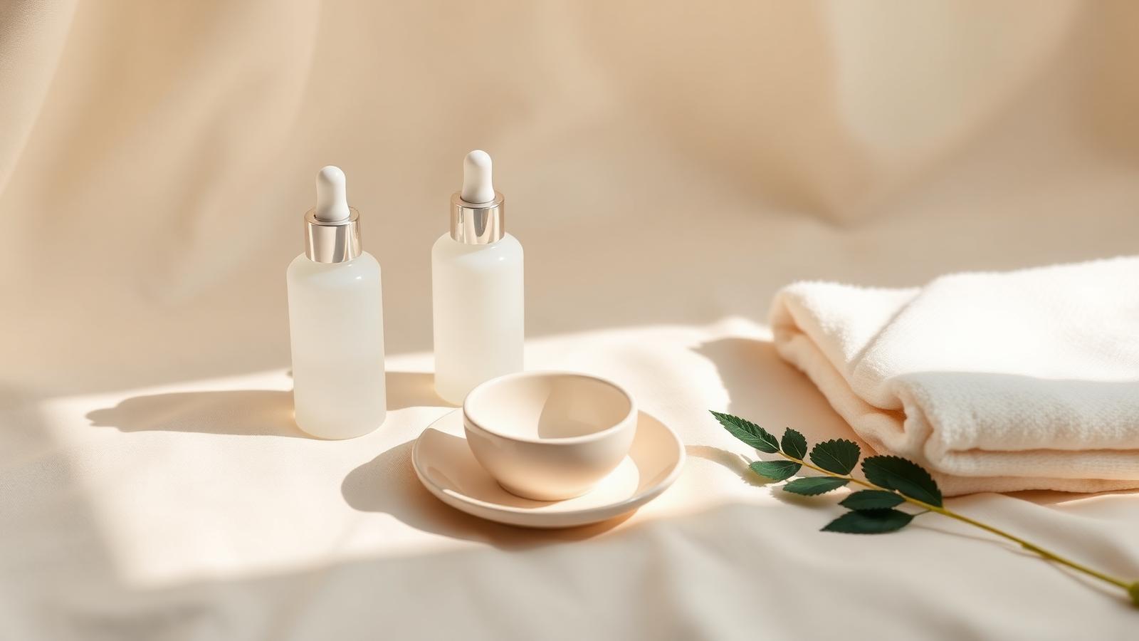 Cómo crear una rutina de skincare diaria Rutina de skincare diaria: limpiador, sérum e hidratante naturales sobre mármol travertino en tonos crema