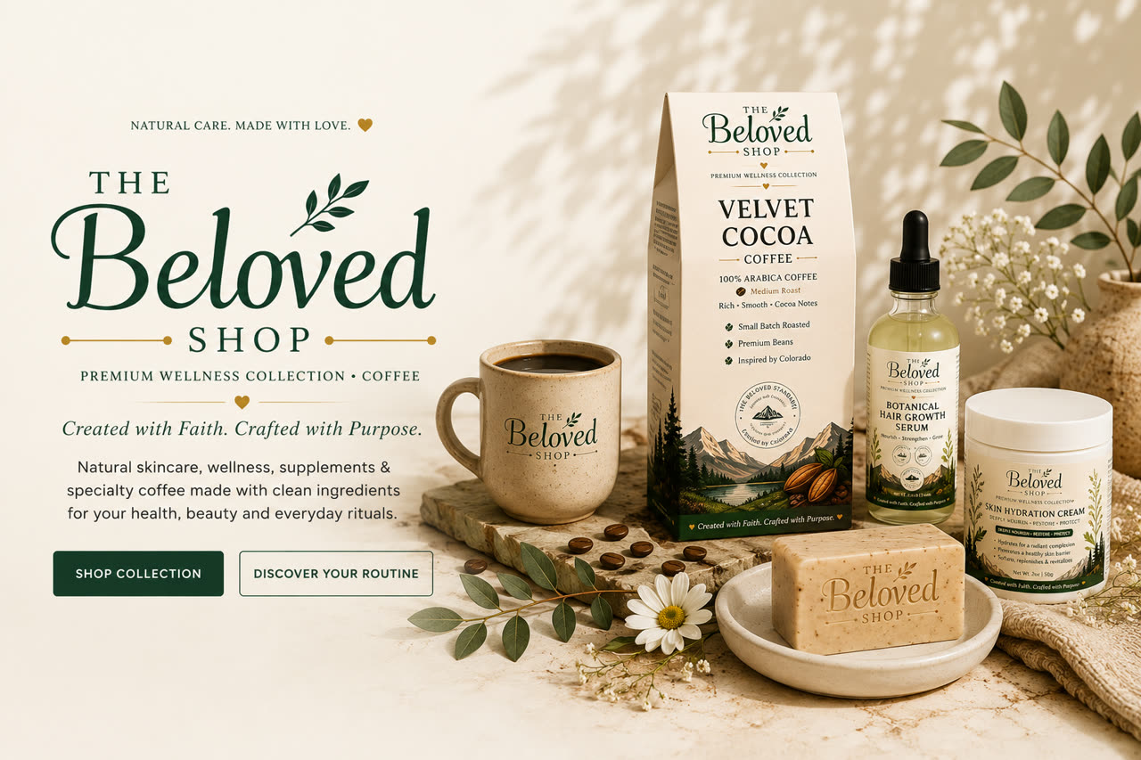 THE BELOVED SHOP — botanical still life with skincare, coffee and wellness rituals on warm linen and travertine